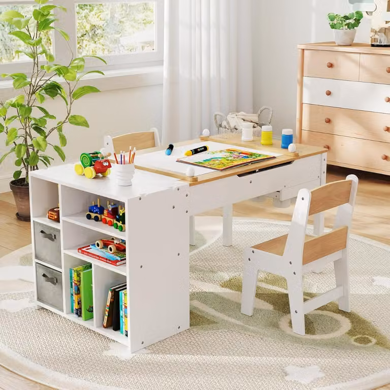 Set tavolo e sedie Costway per bambini in stile scandinavo con rotolo di carta e organizzatore portatile, colore naturale beige, marrone e bianco
