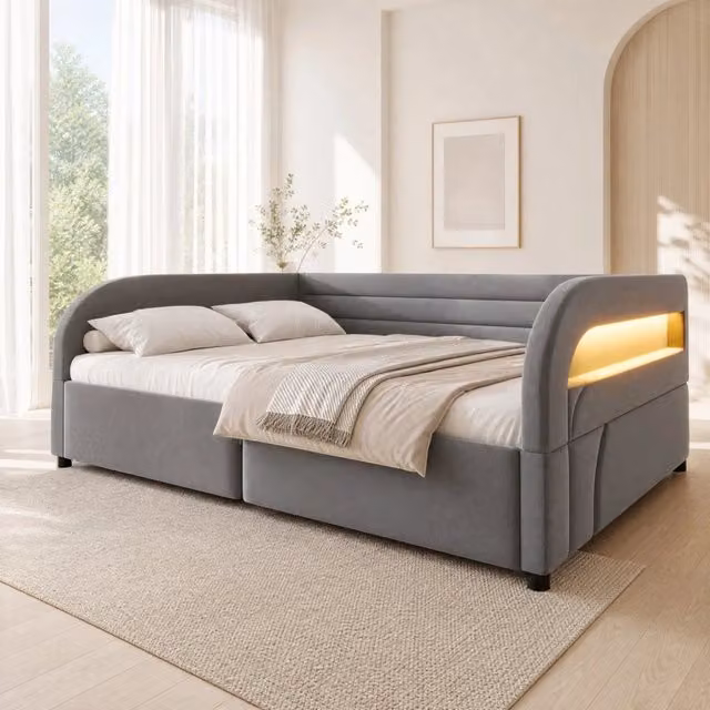 Letto imbottito 140x200 cm con contenitore idraulico e LED RGB; flanella grigia