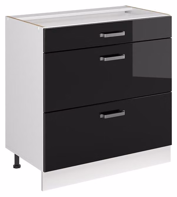 Mobiletto base per cucina Vicco R-Line Nero lucido/Bianco 80 cm con 3 cassetti senza piano di lavoro, Model 72363