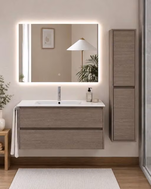 Mobile bagno con lavabo ORIGENBATH IBIZA senza specchio 90x45 cm rovere smoky con colonna