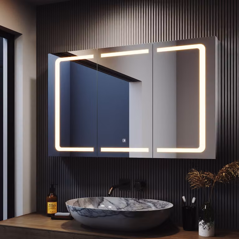 SONNI armadio specchio bagno LED con illuminazione a 3 colori 105x65cm presa rasoio touch 3 ante acciaio inox design cerniera senza fili