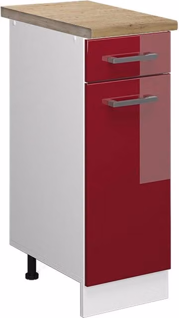 Mobiletto base per cucina Vicco R-Line moderno con ante a battente, Rosso lucido/Bianco/Grigio e Rovere, L: 30 cm, H: 81,6 cm, P: 60 cm