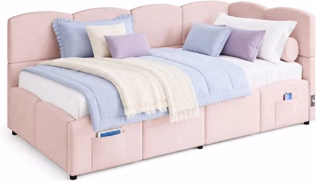 Letto singolo con contenitore 90x200 cm in velluto rosa con porte USB-A e USB-C