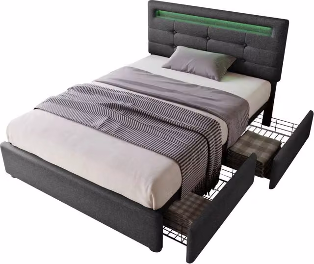 Letto singolo 90x200 in lino grigio con LED， 2 cassetti e testiera regolabile， senza materasso