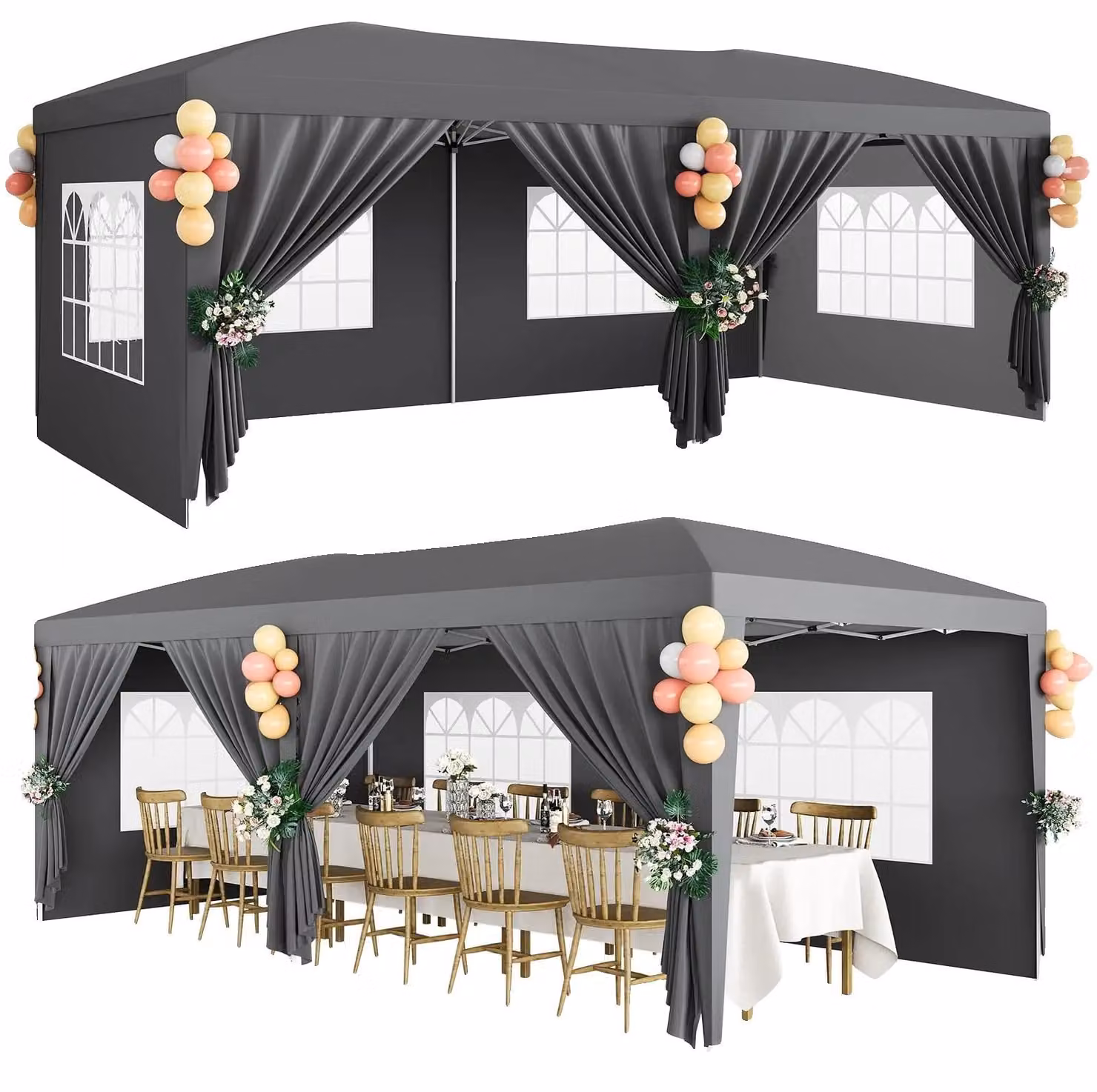 Paviglione pop-up, realizzato in tessuto Oxford 210D, dimensioni 6 metri di lunghezza x 3 metri di larghezza x 2,5 metri di altezza, struttura in acciaio con rivestimento a polvere, 100% impermeabile, protezione UV UPF 50+