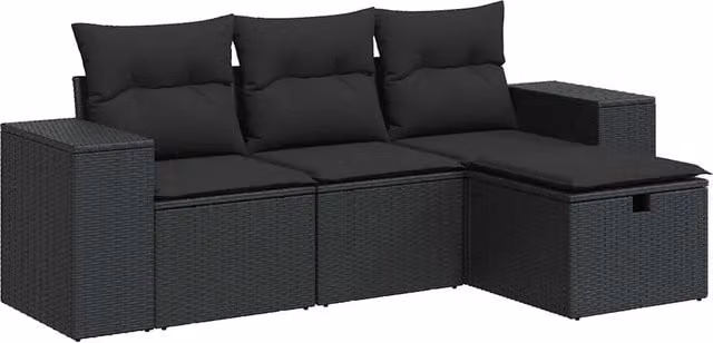 Set Divani da Giardino 4 pz | Set Salotto da Giardino con Cuscini Nero in Polyrattan