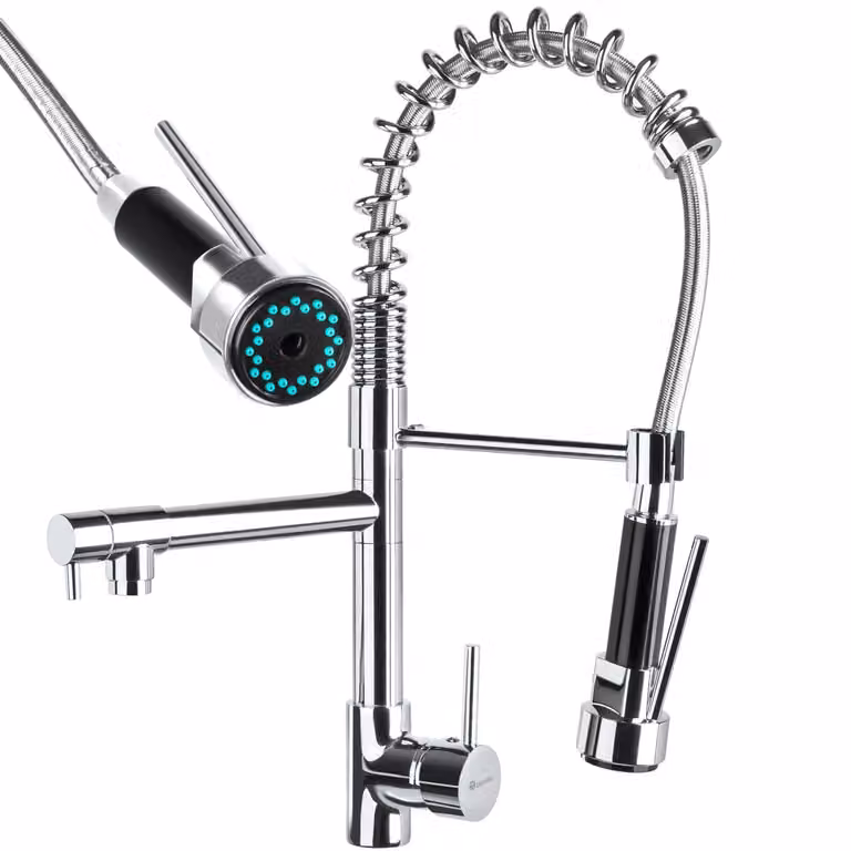 Rubinetteria da cucina TecTake con due rubinetti e doccetta estraibile in ottone, colore grigio e argento