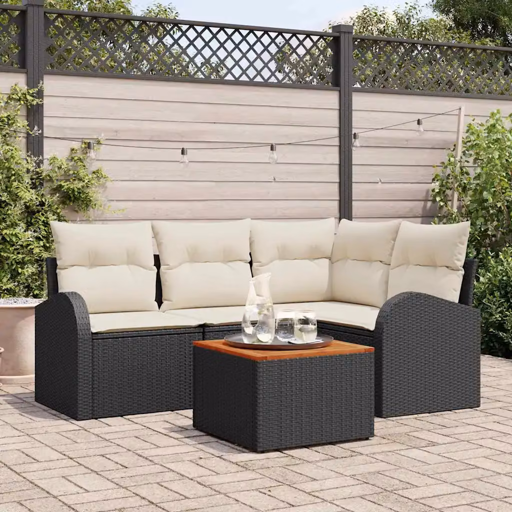 Set Divano da Giardino vidaXL 5 Pezzi a Forma di L con Tavolino, Colore Nero e Beige, Struttura in Acciaio e Polyrattan con Cuscini Inclusi – 1