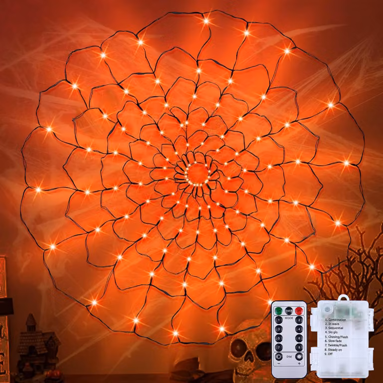 Ghirlanda luminosa a LED a forma di ragnatela per Halloween, diametro 120 cm, alimentata a batterie con telecomando, 8 modalità, intensità regolabile e timer, colore arancione