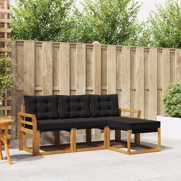 Set di divani da esterno vidaXL a forma di L con pouf, struttura in legno di acacia trattato e sedute in textilene, marrone e nero