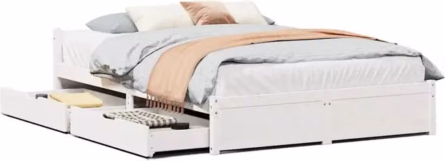 Letto matrimoniale in legno massello di pino bianco con cassetti, stile rustico, L/P/H: 140 x 190 x 145,5 cm