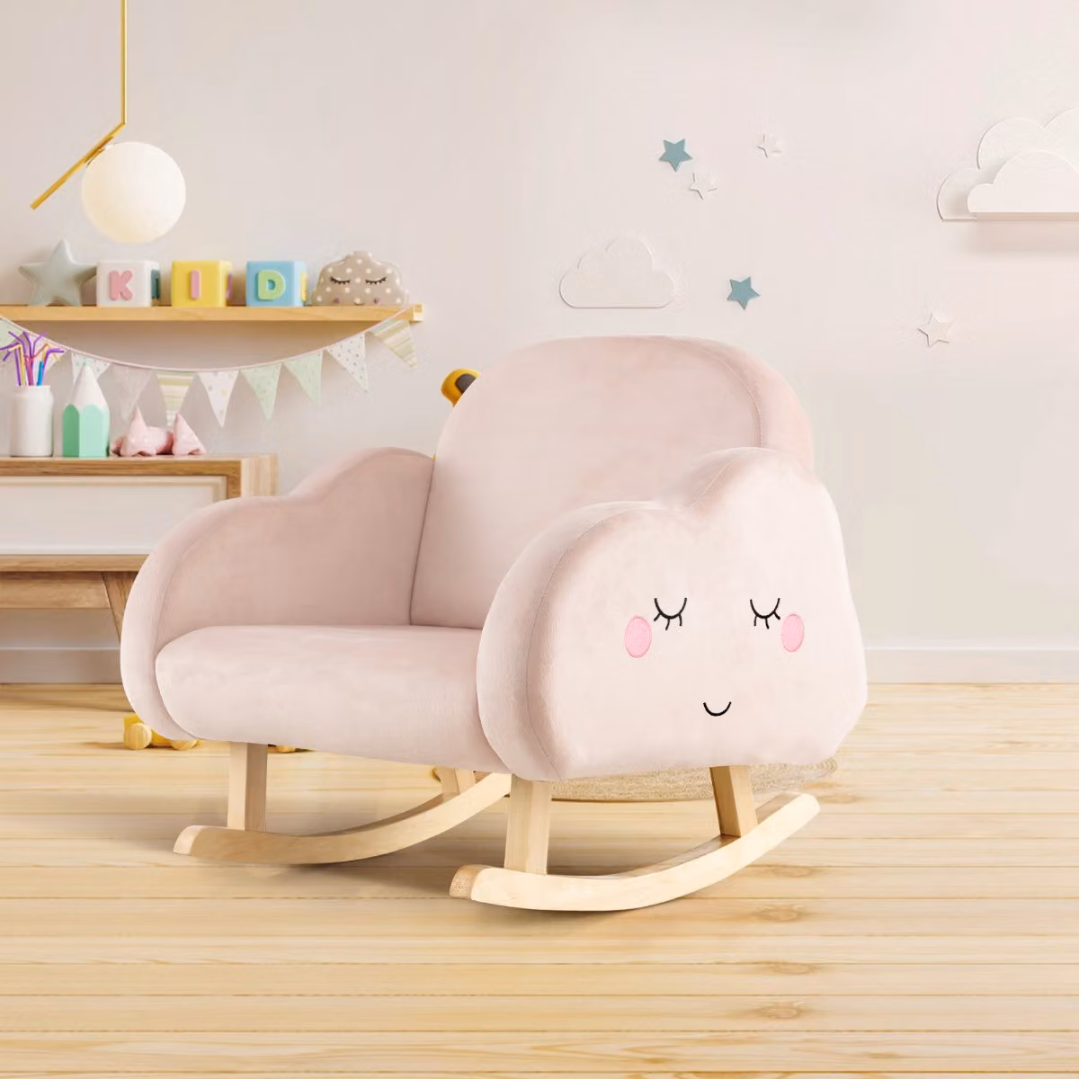 Sedia a dondolo per bambini Costway in velluto rosa con gambe in legno massello e braccioli