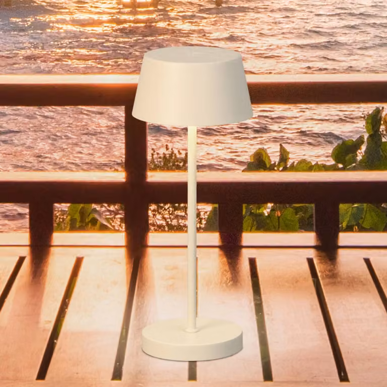 FH Lighting Lampada LED da tavolo ricaricabile Sienna Pro beige sabbia, 24 cm, metallo IP54 Pro, dimmerabile, Crema / Ambra, Metallo, Moderno