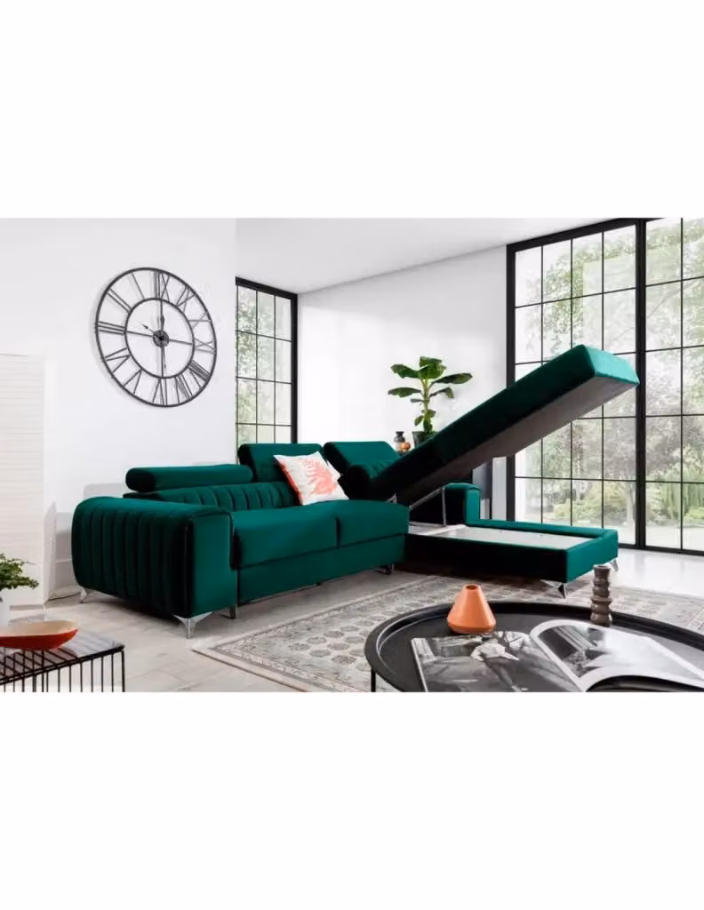 Divano ad angolo destro JAYSON MEUBLORAMA in velluto verde, convertibile con funzione letto e poggiatesta regolabile, L 278 cm x P 205 cm x H 92 cm – 2