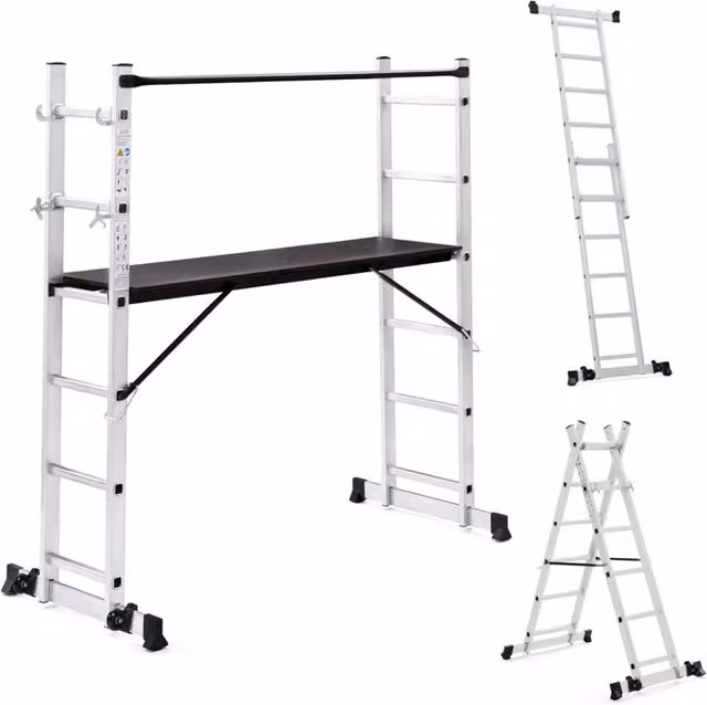IDMarket Ponteggio in alluminio argento con scala multifunzionale e piattaforma modulare su ruote, Altezza: 165 cm – 1