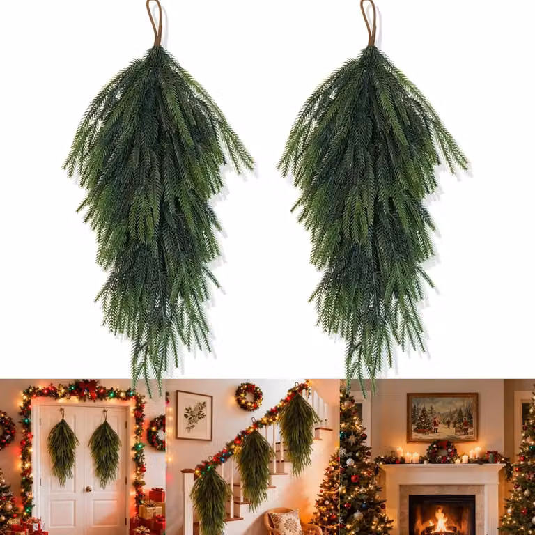 Set di 2 decorazioni natalizie artificiali a forma di lacrima, verde, lunghezza 76 cm