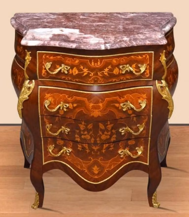 Casa Padrino Cassettone barocco intarsiato marrone / oro / rosso - Cassettone in stile antico fatto a mano con 4 cassetti e piano in marmo - Mobili barocchi