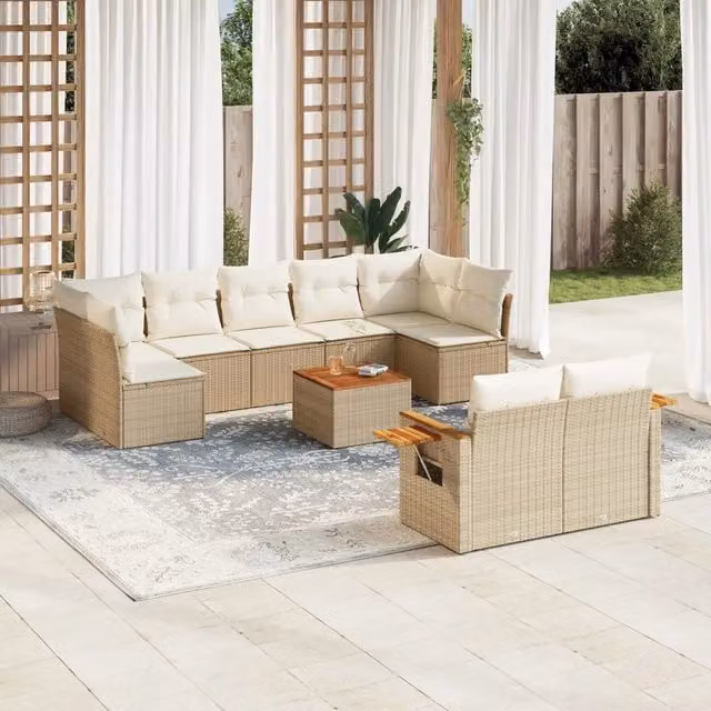 Set Divano da Giardino a Forma a U vidaXL in Polyrattan con Cuscini Beige e Tavolino da Esterno – 1