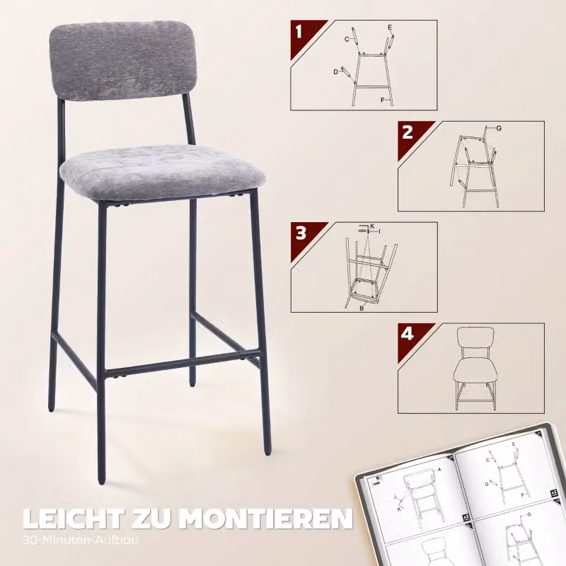 Set di 2 sgabelli da bar OKWISH imbottiti con schienale alto e poggiapiedi in tessuto grigio per cucina e soggiorno – 2