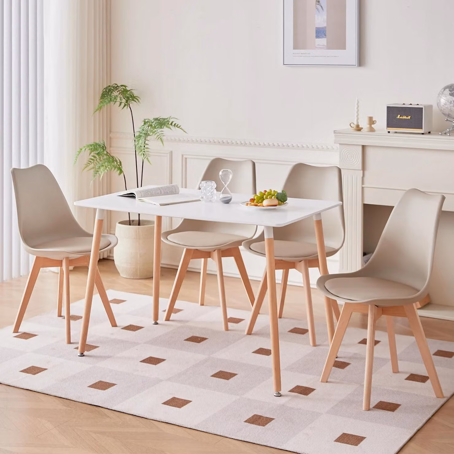 Tavolo da pranzo con 4 sedie - Set da pranzo - Rettangolare - 110 cm - Struttura in plastica - Design moderno minimalista - Beige
