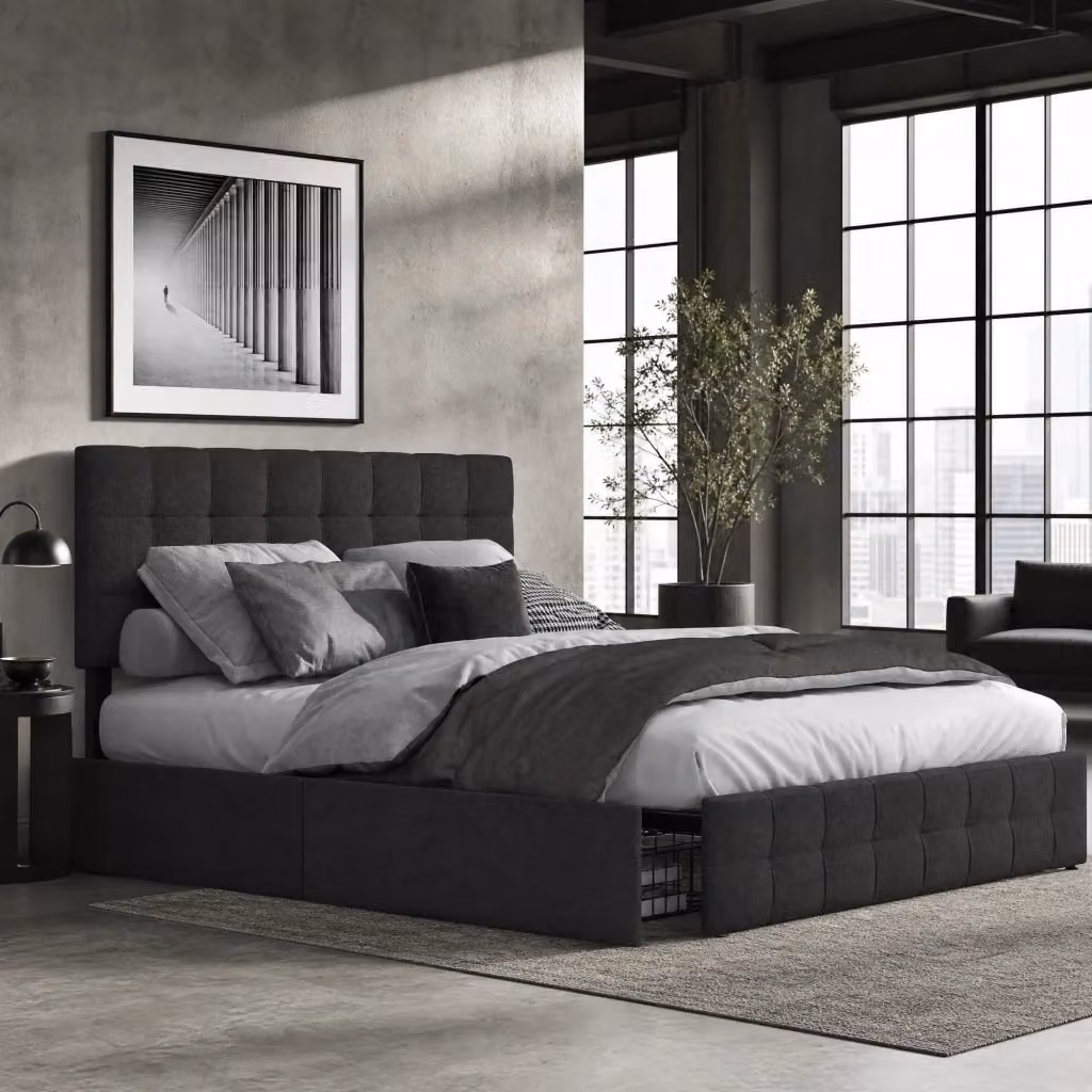 Letto Mivray con 4 cassetti, testiera regolabile imbottita in lino nero e rete a doghe metallica, L/P/H: 140 x 200 x 107 cm – 2