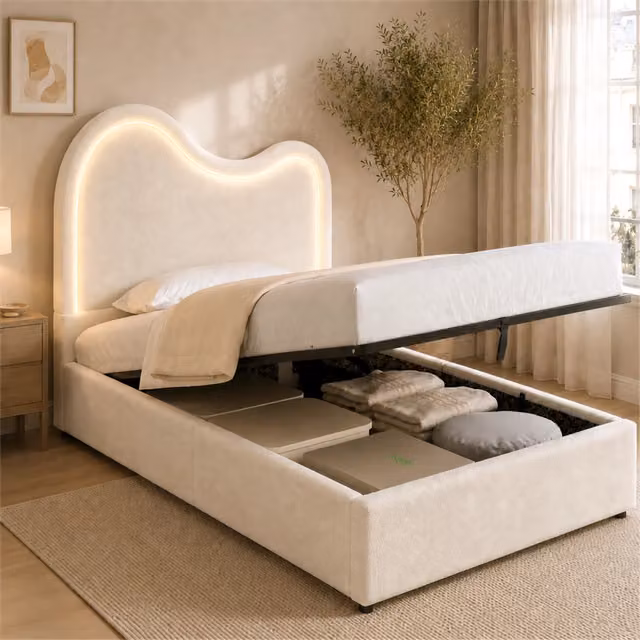 Letto contenitore singolo 90x200 cm per bambini; imbottito; sollevamento idraulico; rete a doghe; bouclé bianco