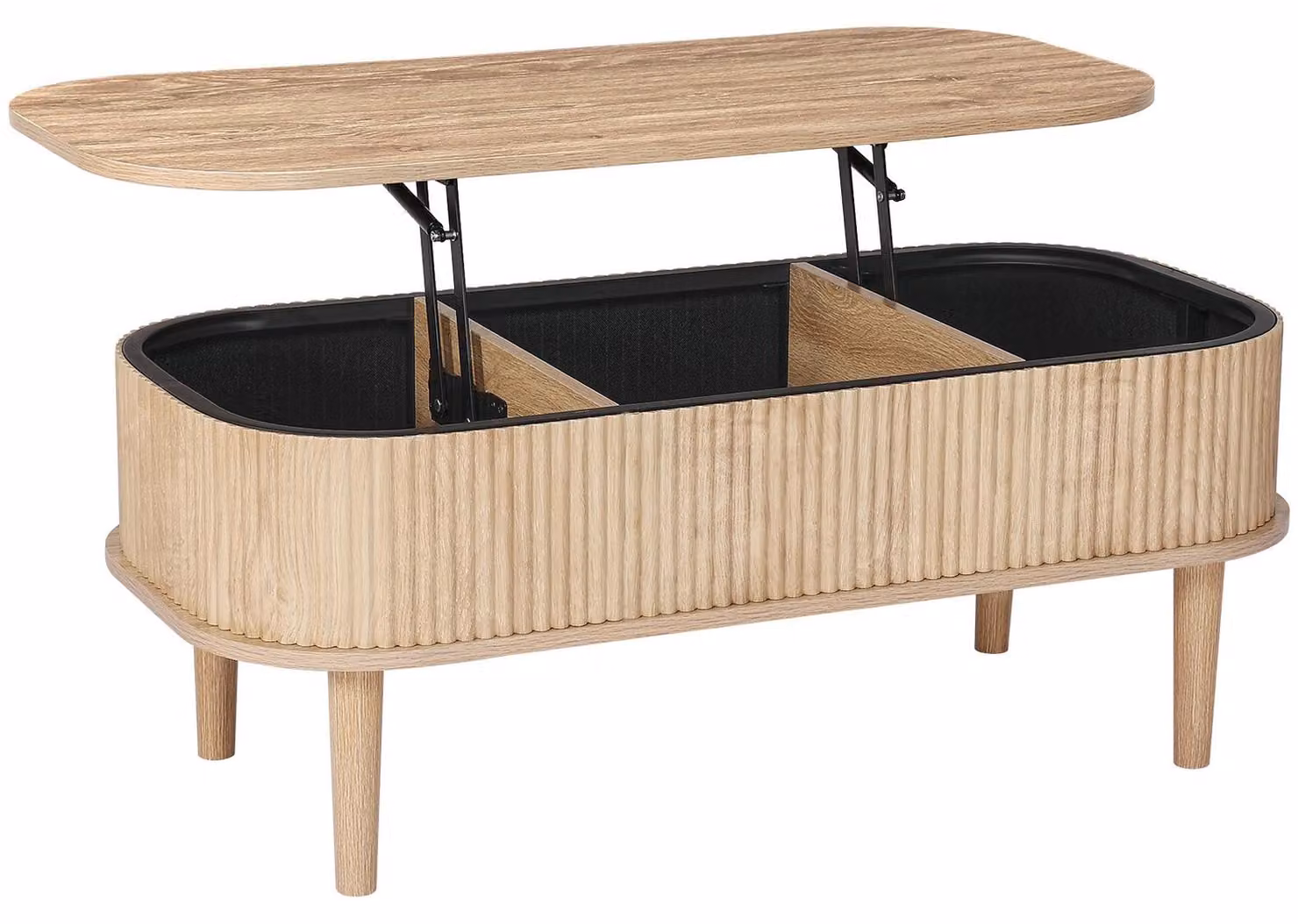 Tavolino con piano sollevabile da 1000 mm, tavolino ovale scanalato con 3 vani nascosti, scrivania centrale ovale in legno in stile Mid-Century con spazio contenitivo, piano sollevabile per casa e ufficio, facile da montare, Burlywood