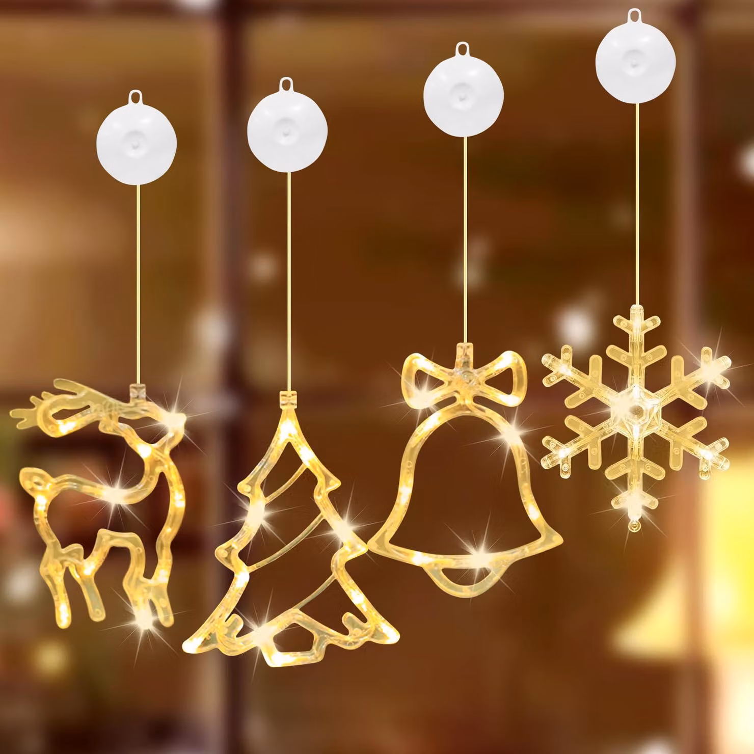 Set di 4 decorazioni luminose a LED per finestre, con motivi natalizi, luce bianco caldo, alimentate a batteria