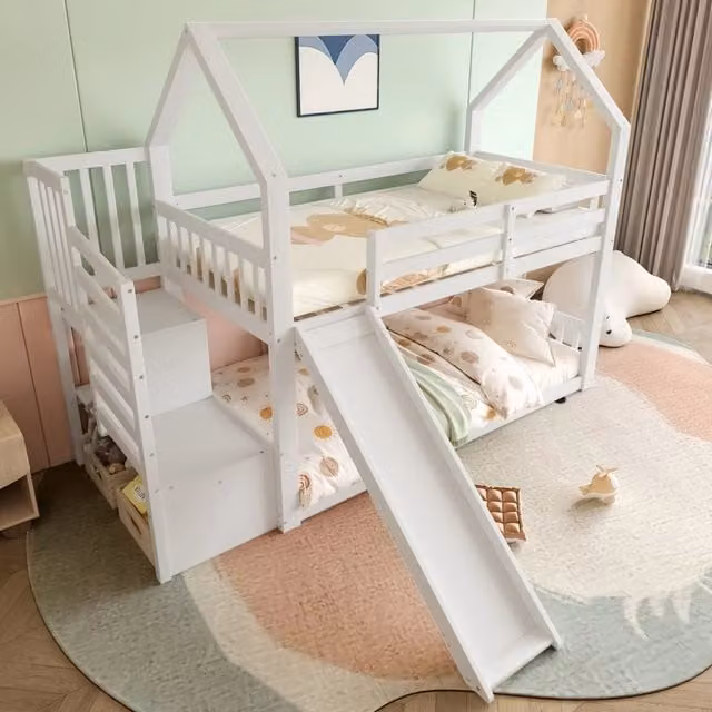 Letto a castello per bambini OKWISH in legno e MDF bianco con scala a gradini, scivolo, barriere e scomparti laterali, L/P/H: 200 x 90 x 183 cm