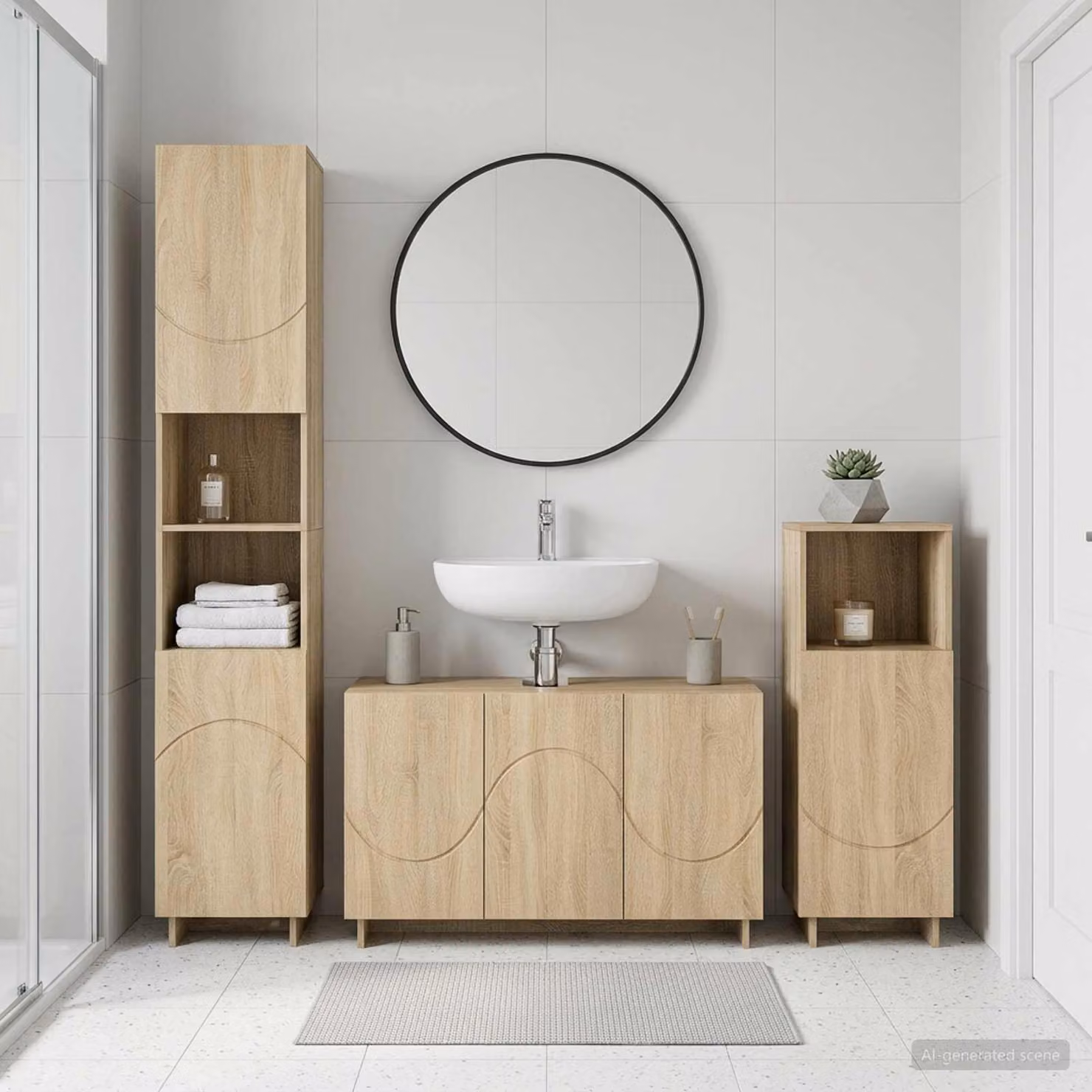Set di mobili da bagno moderno vidaXL in 3 pezzi color marrone con vanità, colonna alta e mobile laterale in legno ingegnerizzato L/P/H: 101 x 41 x 180 cm, 67,39 x 41 x 67,39 cm, 41 x 41 x 101 cm