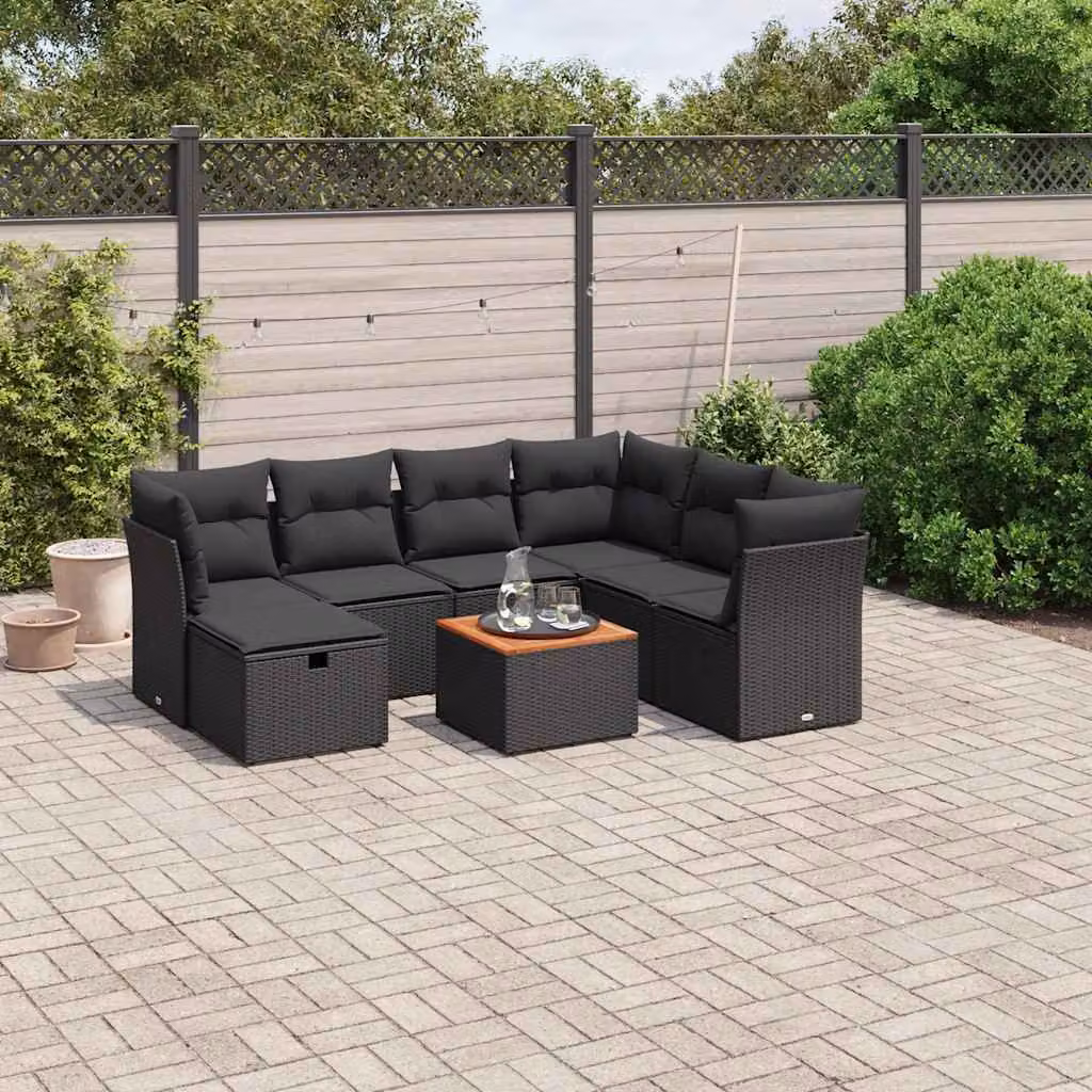 Set di divani da giardino vidaXL a forma di L con 8 pezzi, colore nero, in polyrattan con cuscini imbottiti e tavolino da esterno – 1