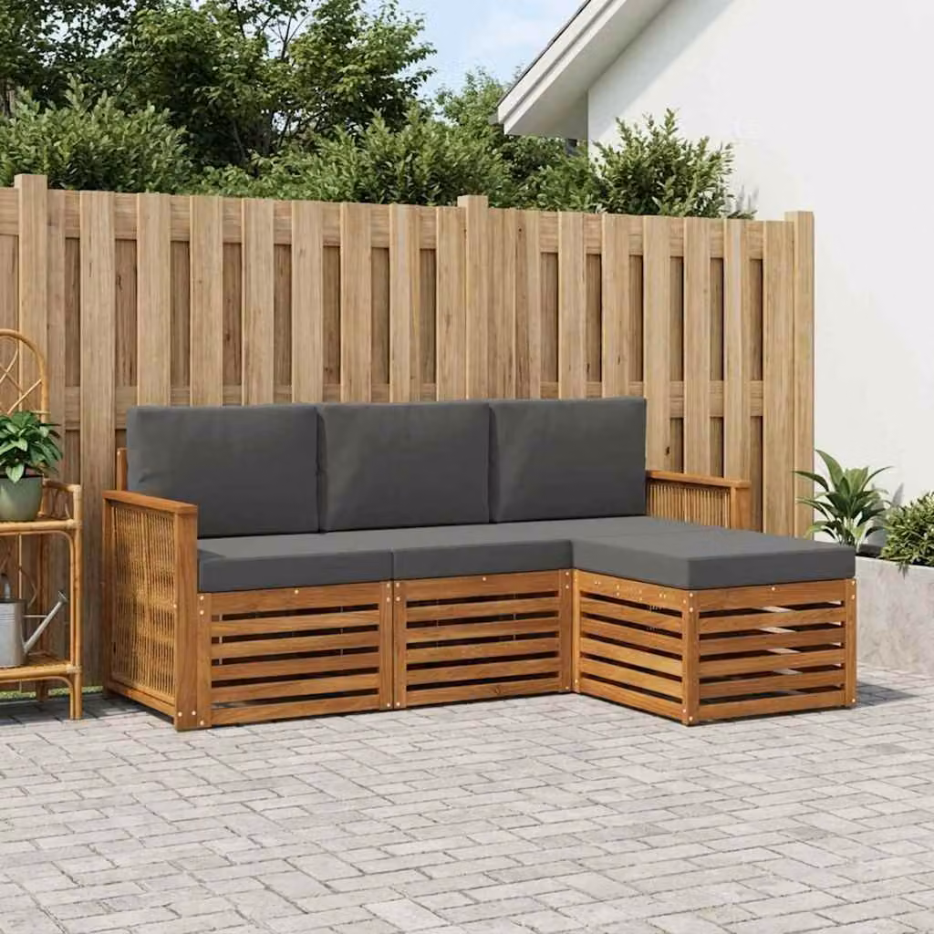 Set di divani da esterno a L vidaXL in legno di acacia con pouf e cuscini, Beige, Antracite e Marrone