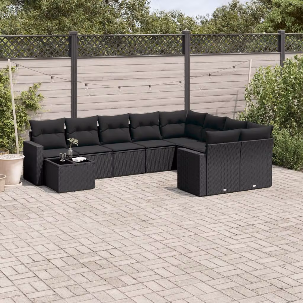 Set di divani da giardino vidaXL in polyrattan nero con cuscini e tavolino da esterno – 1