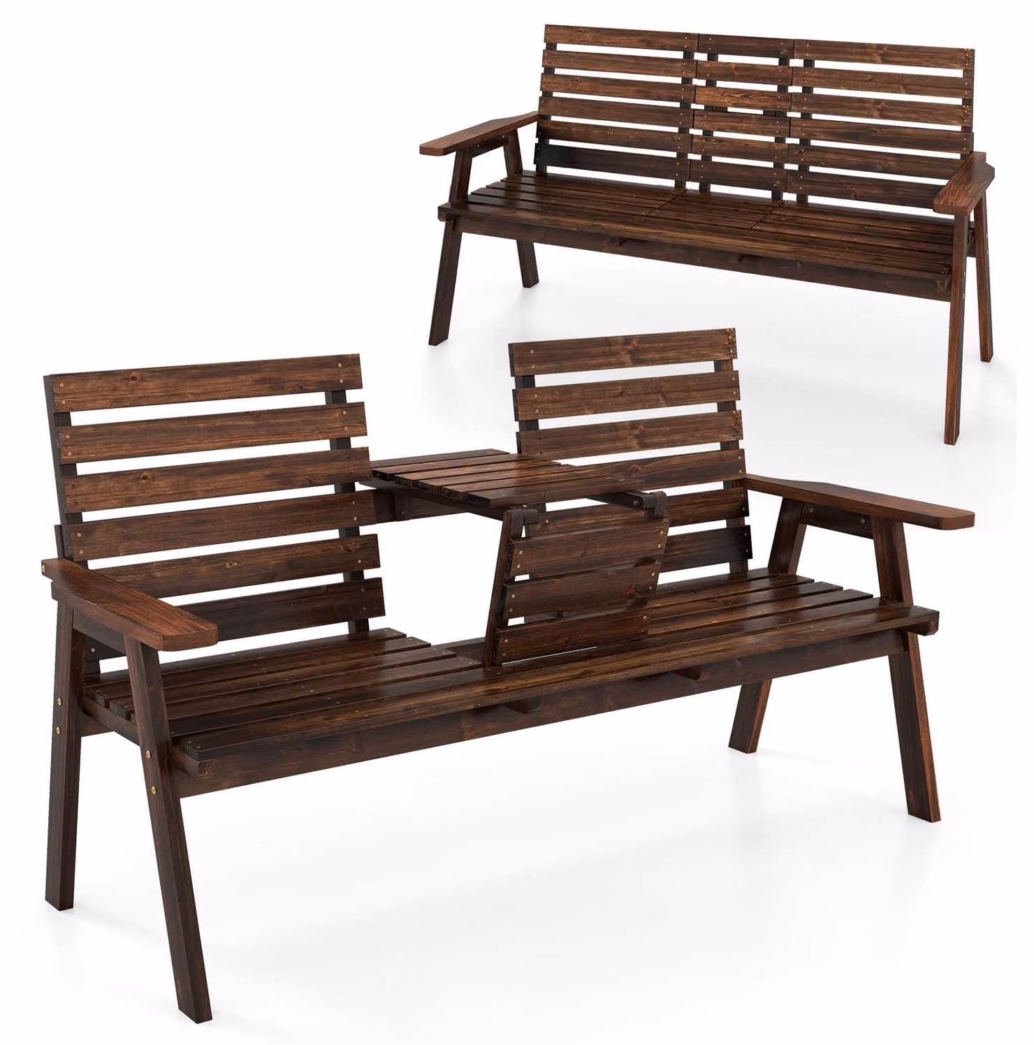 Panca da giardino COSTWAY con tavolino pieghevole, panca in legno resistente fino a 300 kg, adatta per 2-3 persone