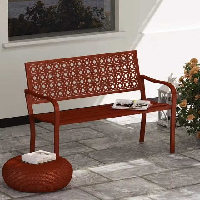 Panchina da giardino a 2 posti WISHDOR in acciaio verniciato rosso con schienale e braccioli – 1