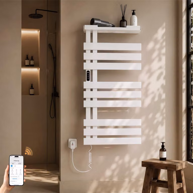 S'AFIELINA Scaldasalviette Elettrico con Ripiano 1050×500 mm 335 W Bianco,Termoarredo WiFi, Riscaldamento in Fibra di Carbonio, 6 Modalità