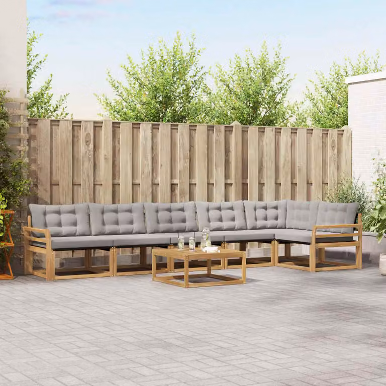 Set di divani da esterno vidaXL 7 pz in legno di acacia con tavolino e cuscini, Bianco e Grigio