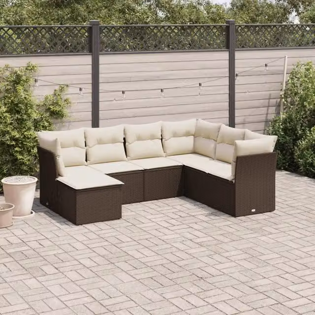 Set Divani da Giardino 7 pz con Cuscini Marrone in Polyrattan 3249832