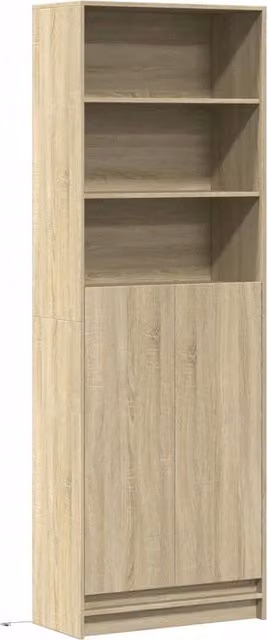 Mobile contenitore moderno con illuminazione LED per soggiorno o cucina, finitura rovere marrone e beige, L: 69 cm, P: 32,5 cm, H: 200 cm