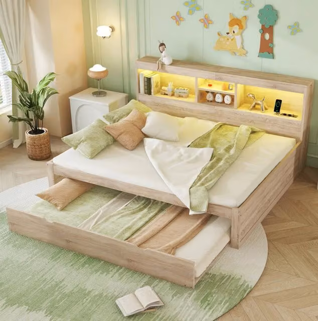 Letto da giorno 140 x 200 cm con letto estraibile; LED; prese USB e vano laterale; naturale