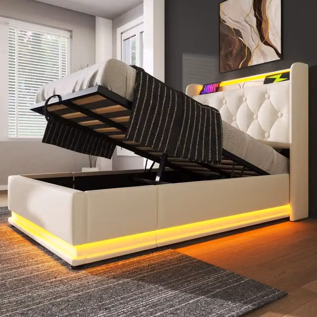Letto singolo 90 × 200 cm con contenitore LED USB e type-C in PU bianco con testiera imbottita e rete a doghe