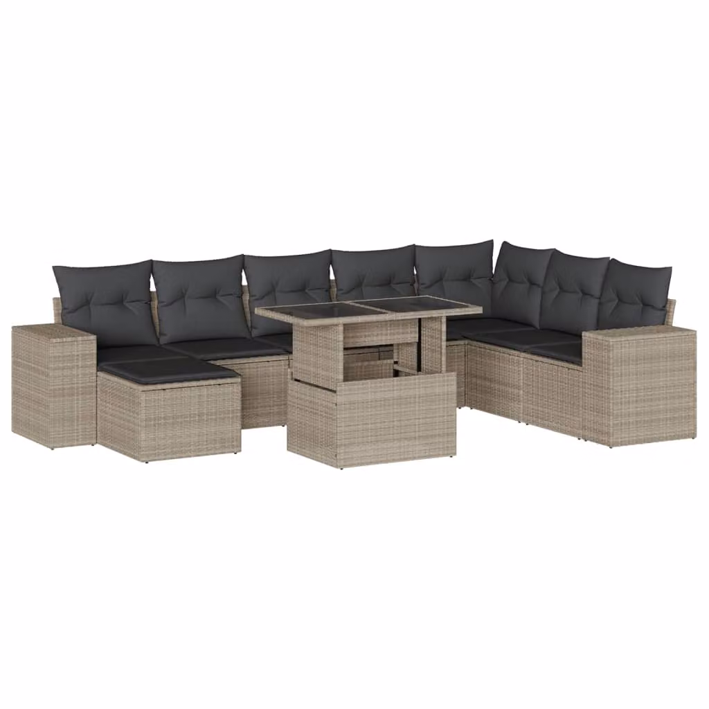 Set Divano da Giardino 9pz con Cuscini Grigio Chiaro Polyrattan