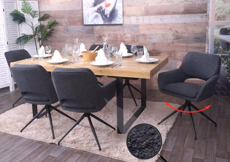 Set di 6 sedie da pranzo HWC-N74, sedia da cucina, girevole con ritorno automatico, rivestita in tessuto bouclé (540g/m²), colore grigio scuro