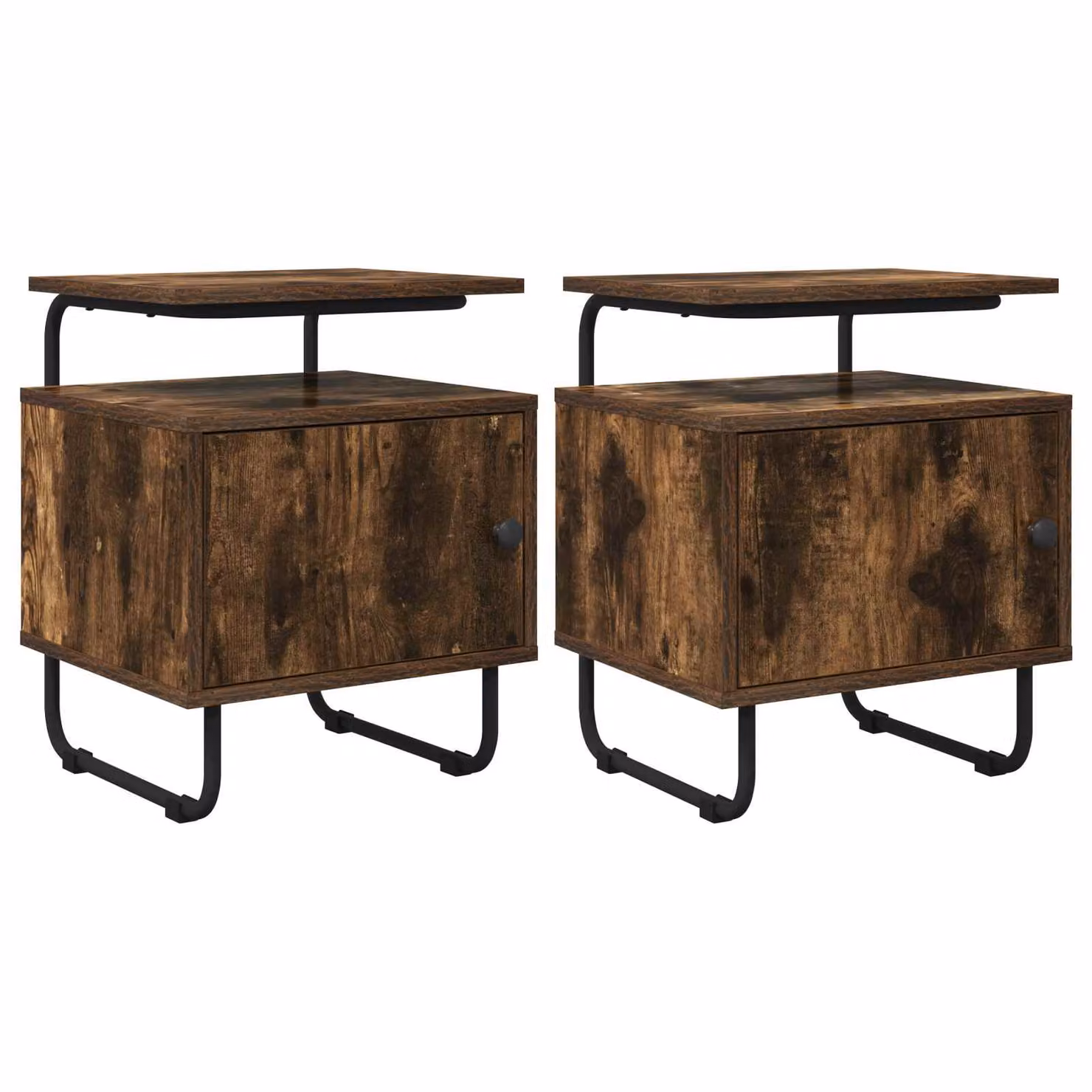 Set di 2 comodini vidaXL in legno ingegnerizzato e metallo, colore Rovere Fumo e Nero, stile moderno per camera da letto