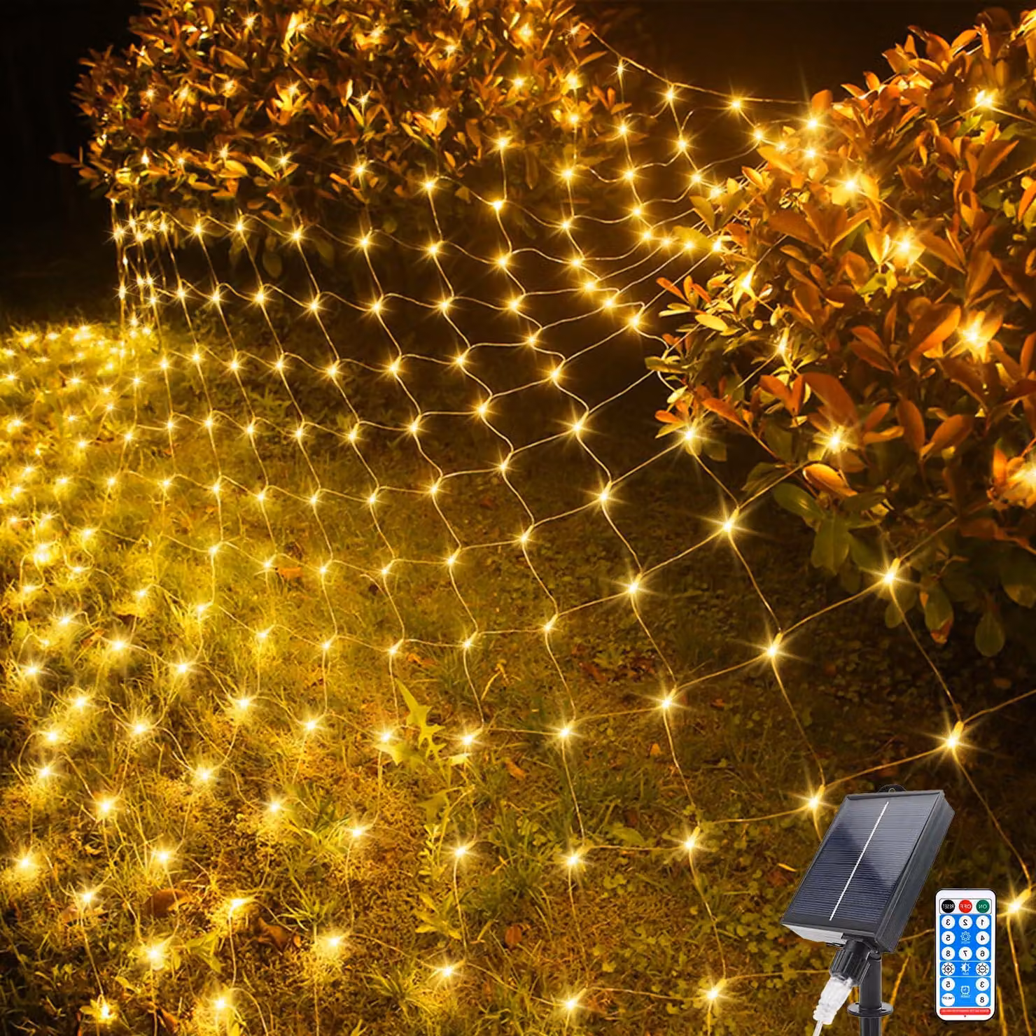 Catena luminosa a LED, dimensioni 2x3 metri, 198 LED, alimentazione solare, 8 modalità, grado di protezione IP65, luce bianco caldo