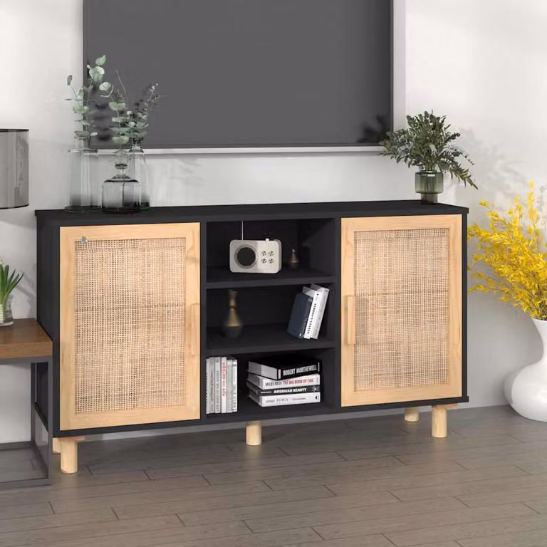 Credenza moderna vidaXL in legno di pino massello e rattan naturale, colore nero, L 105 cm x P 30 cm x H 60 cm