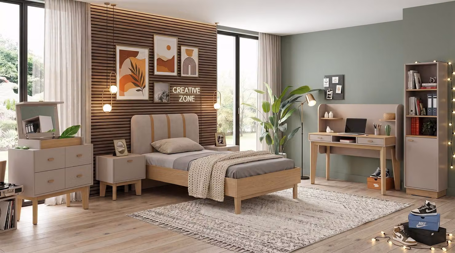 Camera da letto per adolescenti in tonalità beige: letto, cassettiera, comodini, scrivania, libreria, design moderno