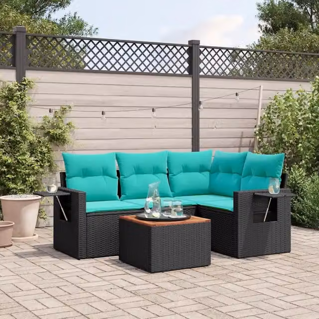 Set Divani da Giardino 5 pz con Cuscini Nero in Polyrattan 3224545