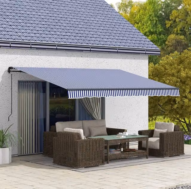 Tenda da sole a parete ULEVR 4x3 m con manovella, inclinazione regolabile 45-85¡ã, blu e bianco