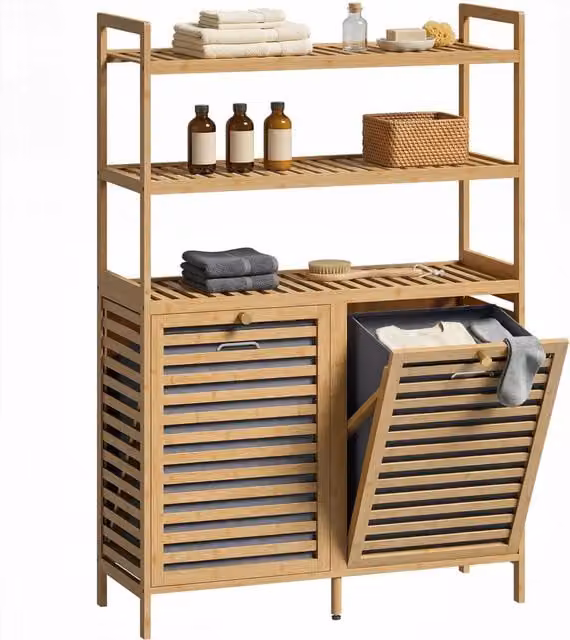Mobile Porta Biancheria Bagno Xylo in Bamboo Rovere con 2 Cesti e 3 Ripiani, L/P/H: 30 x 30 x 118 cm